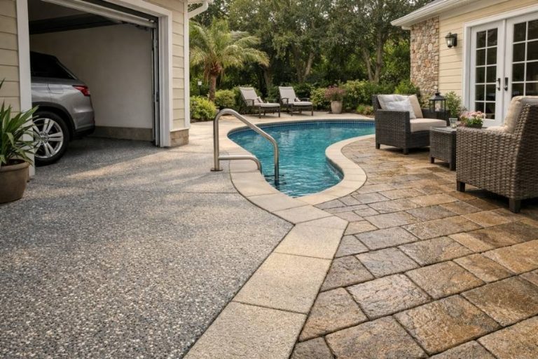 Slip-resistant concrete coating on a residential garage floor, patio, and pool deck in South Carolina and Georgia designed for enhanced safety, durability, and outdoor living.